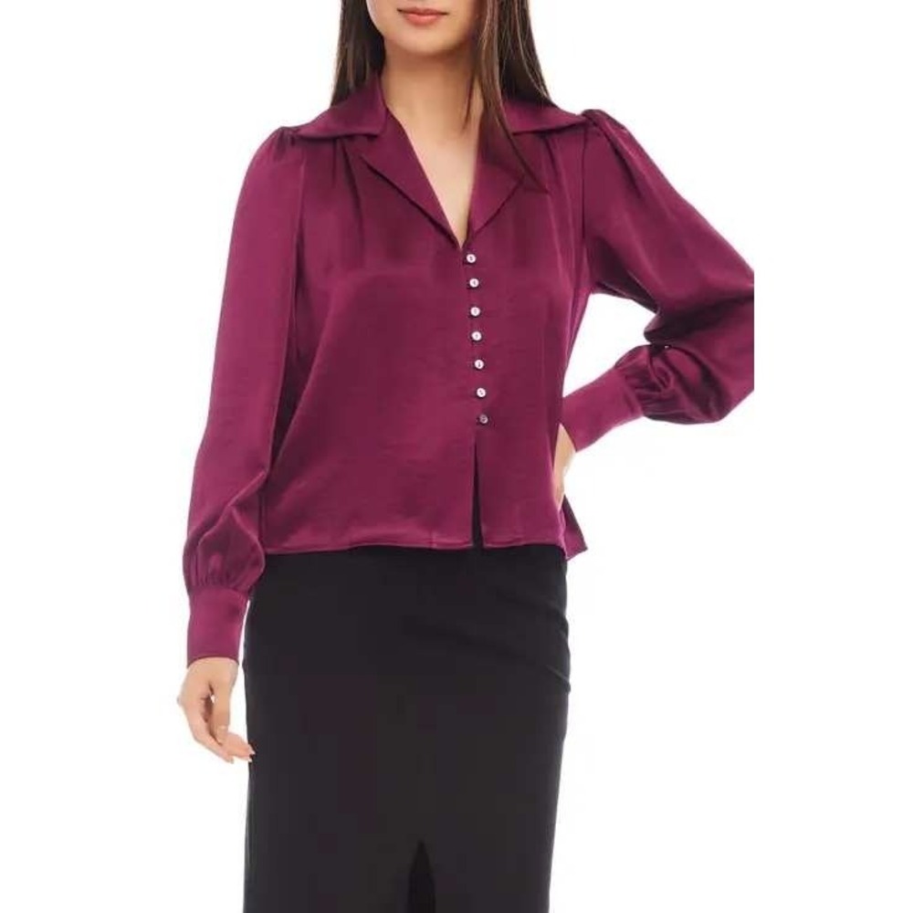 NWT Karen Kane Shirred Blouse Wine- Collared -Long Sleeve- Button Front -Small